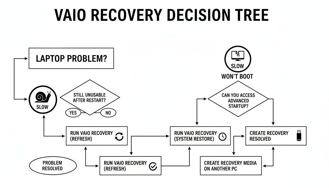 A flowchart guiding users through the Sony VAIO recovery process for common laptop problems.