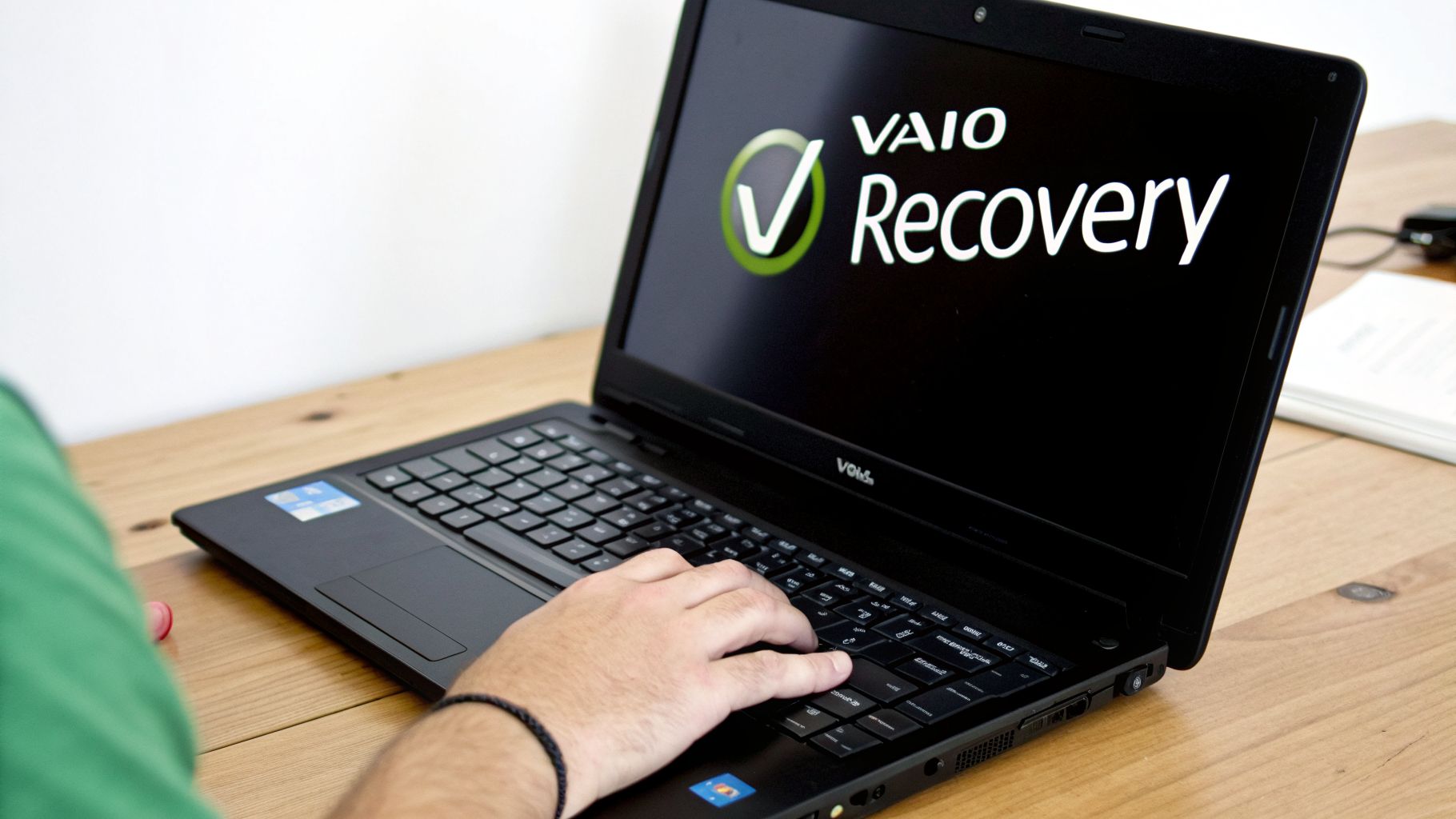 A person's hand on a black Sony VAIO laptop keyboard, displaying 'VAIO Recovery' on the screen.