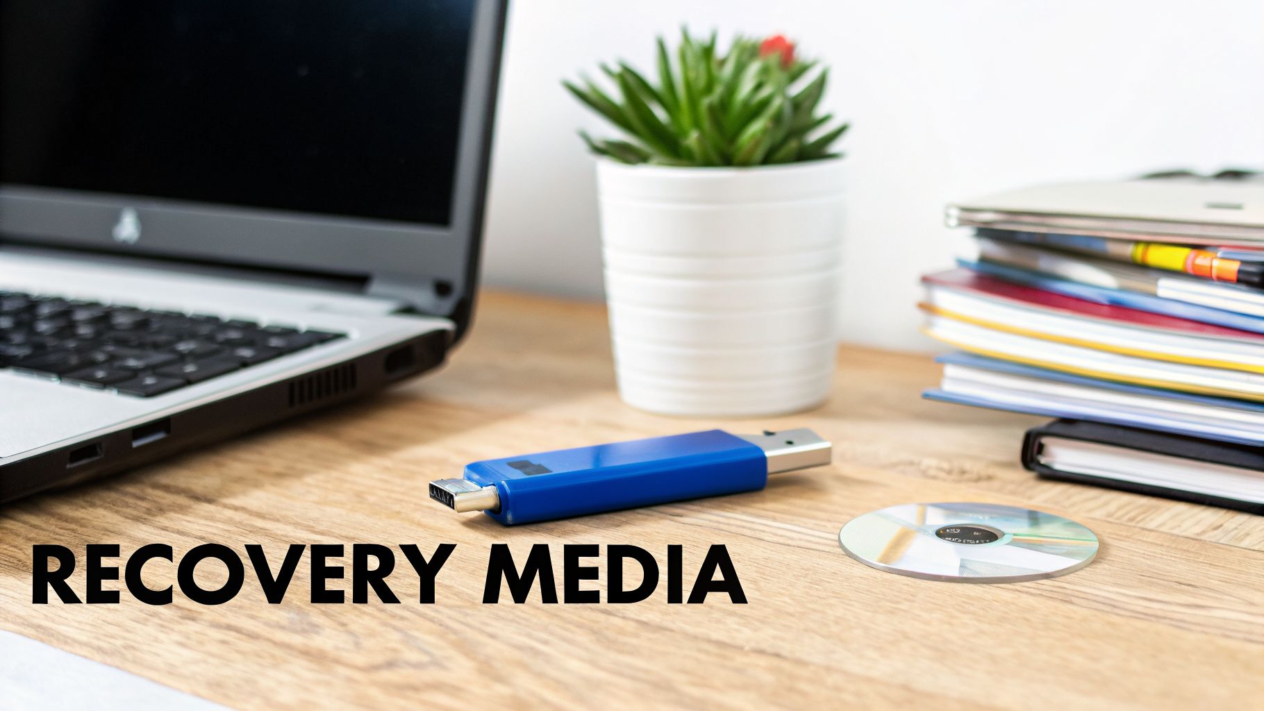 A laptop, blue USB drive, and CD on a wooden desk, with 'RECOVERY MEDIA' text.