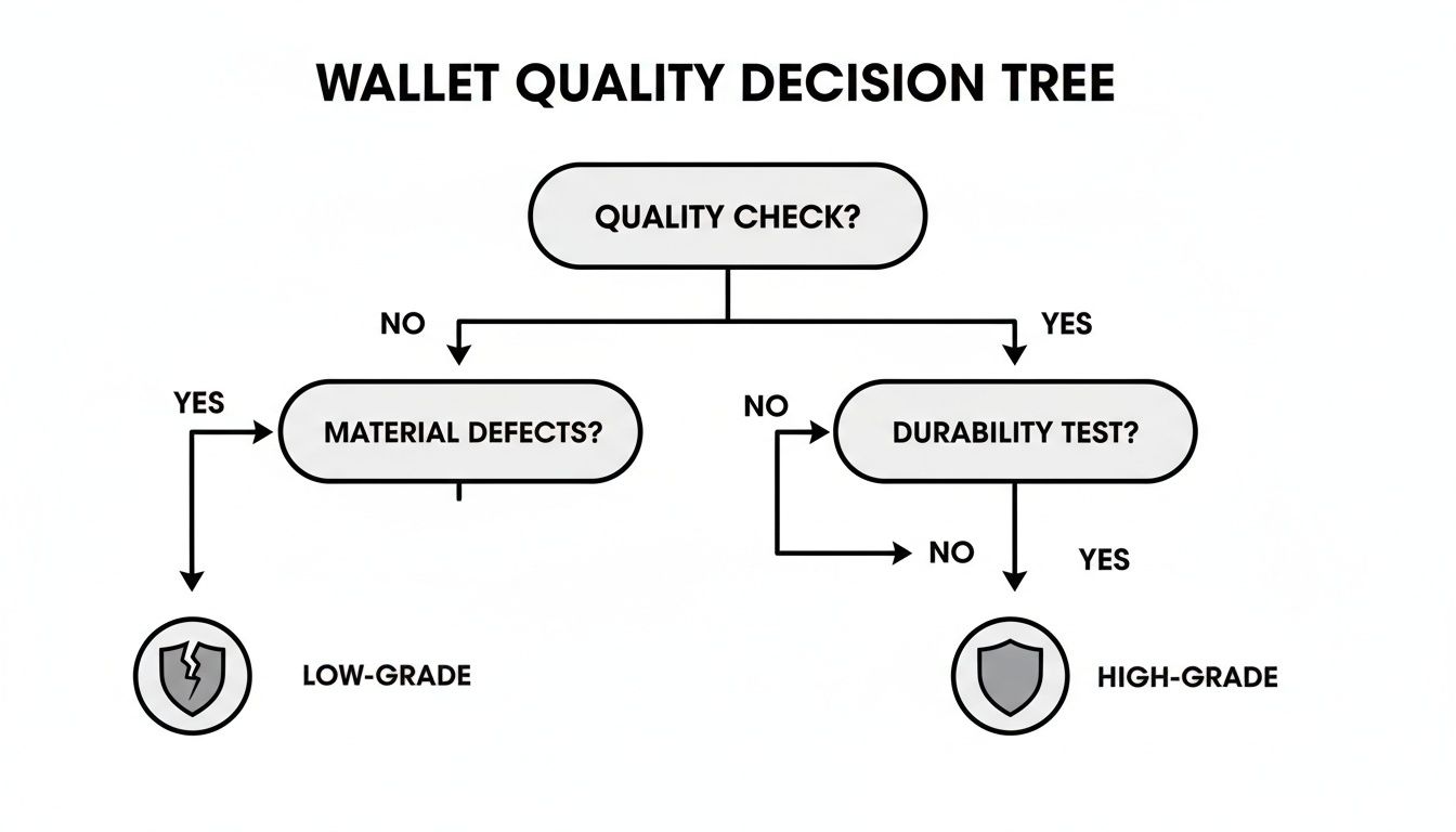 A decision tree flowchart illustrating the process for determining wallet quality based on checks and tests.