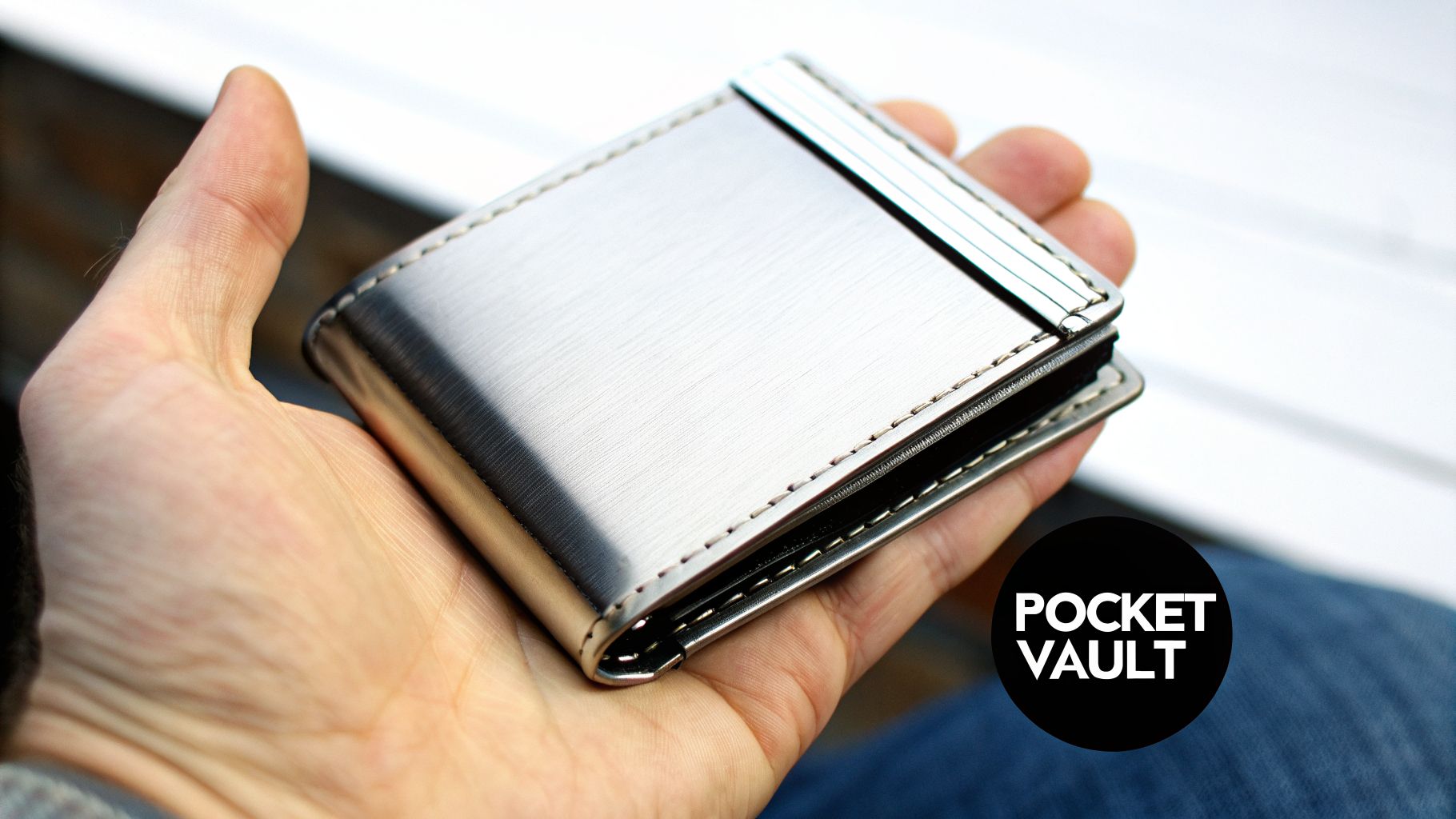 Close-up of a hand holding a sleek, brushed stainless steel billfold wallet.