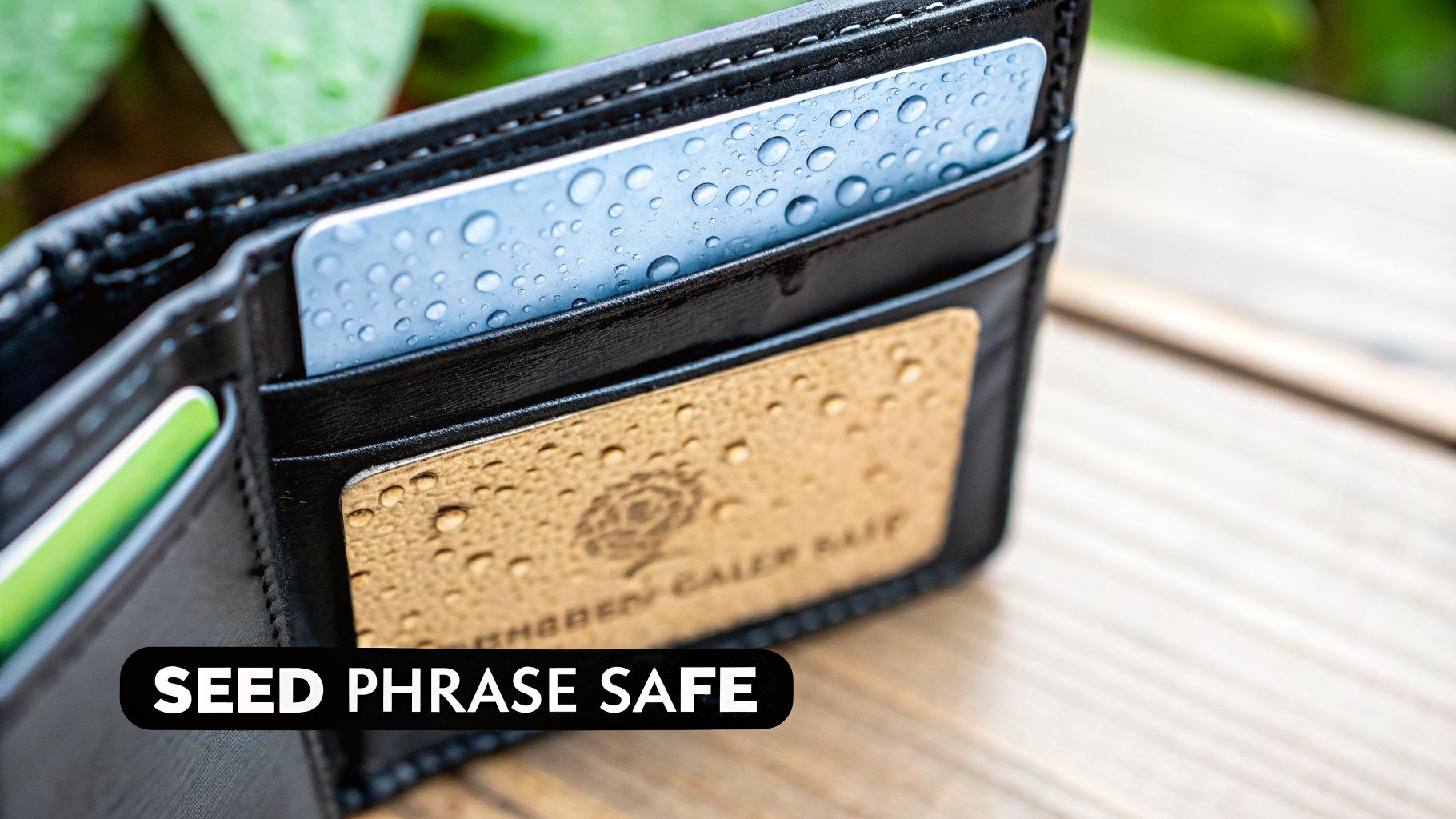 A black leather billfold wallet containing water-resistant cards, including a golden seed phrase safe card.