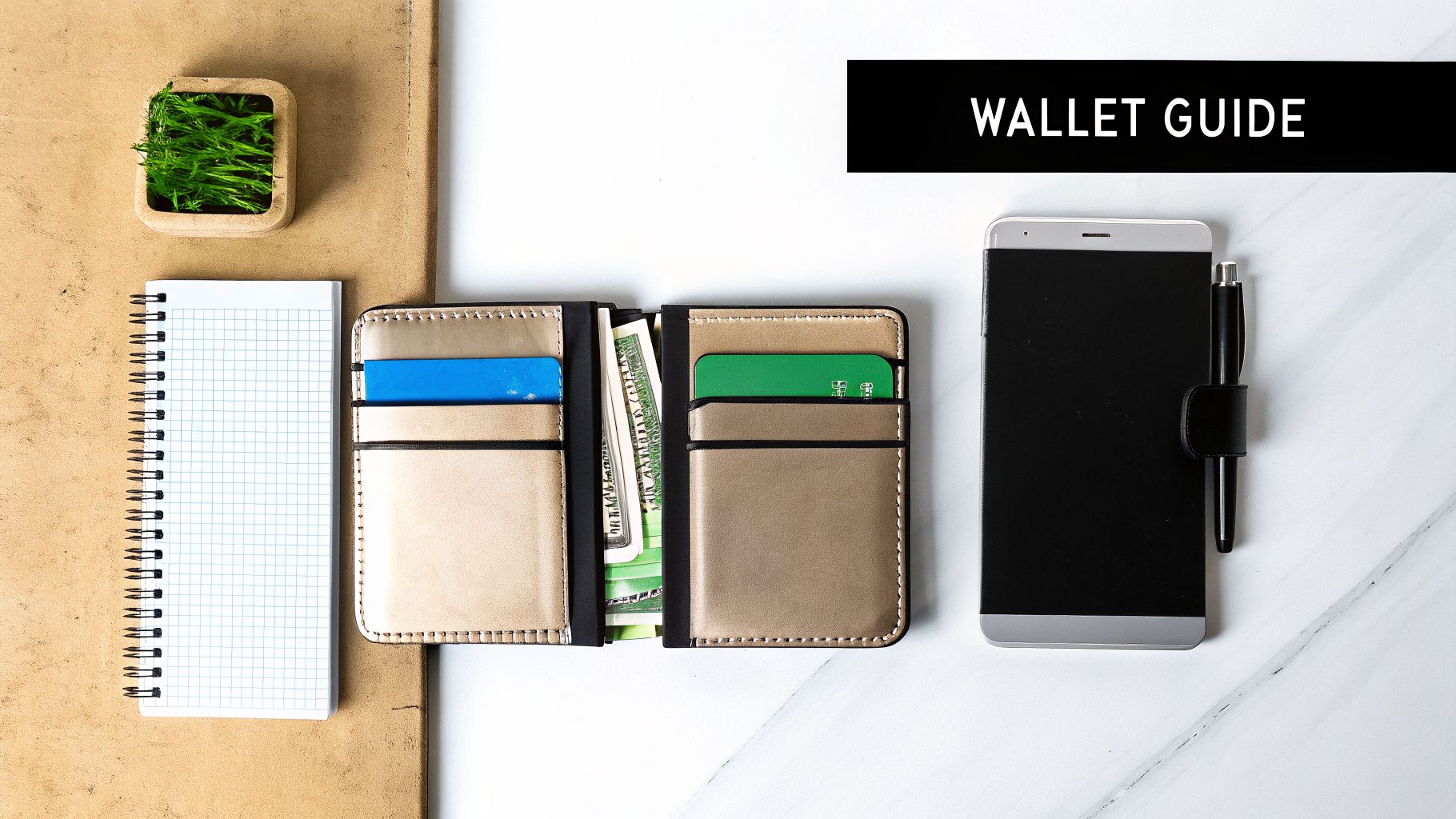 An open beige wallet containing cash and credit cards, next to a smartphone, notebook, and small plant.