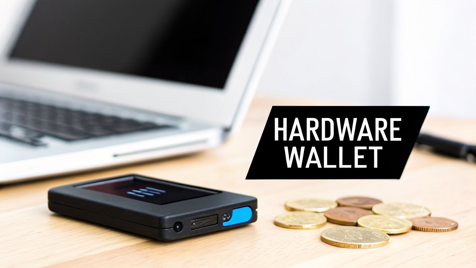 A black hardware wallet, laptop, and coins on a wooden table, emphasizing digital currency security.