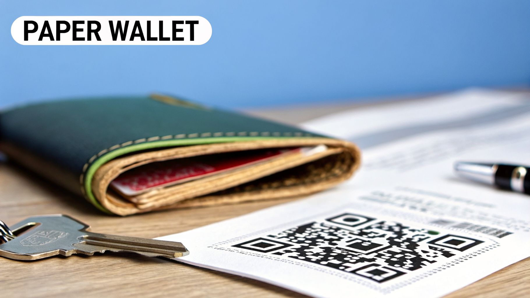 A paper wallet for cryptocurrency, featuring a printed QR code, a physical wallet, key, and pen.