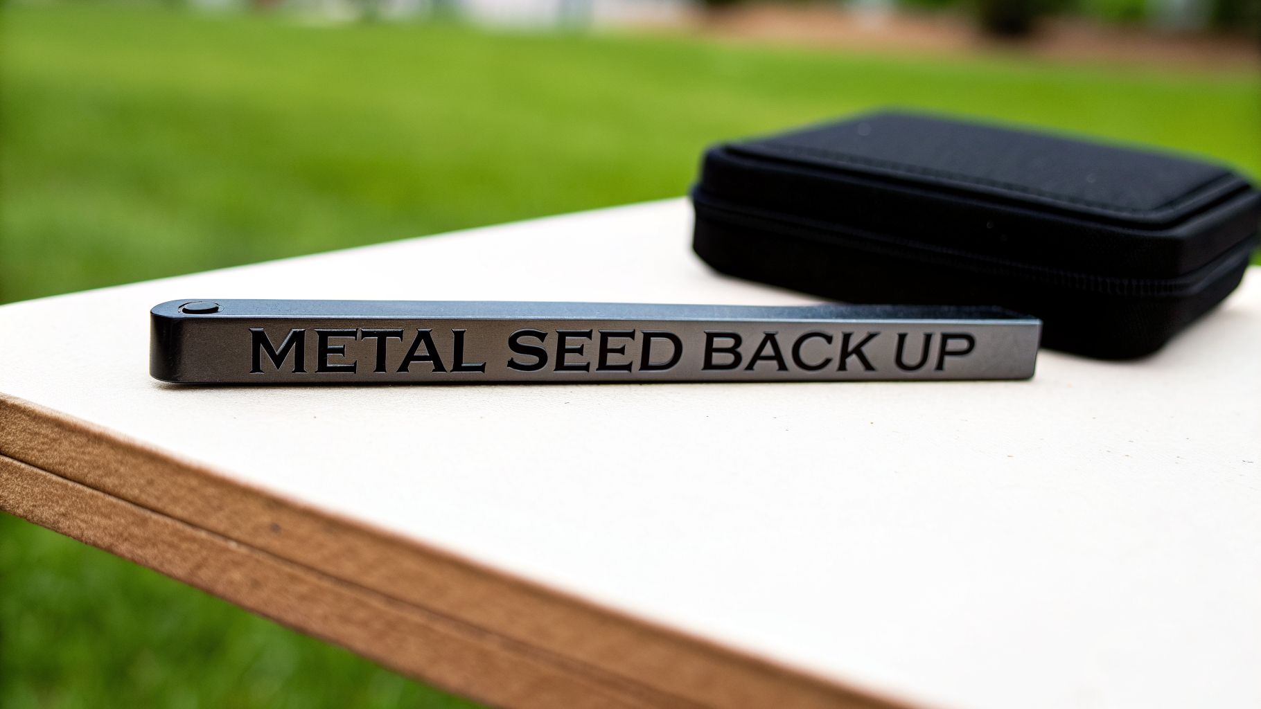 A dark metal bar engraved with "METAL SEED BACK UP" next to a black zippered case.