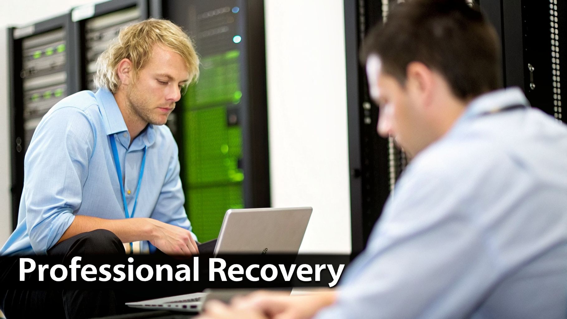 Two IT professionals in a server room, one working on a laptop for data recovery.