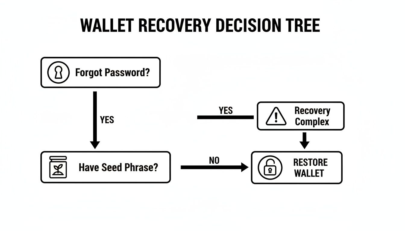 A wallet recovery decision tree flowchart for forgotten passwords and seed phrases.