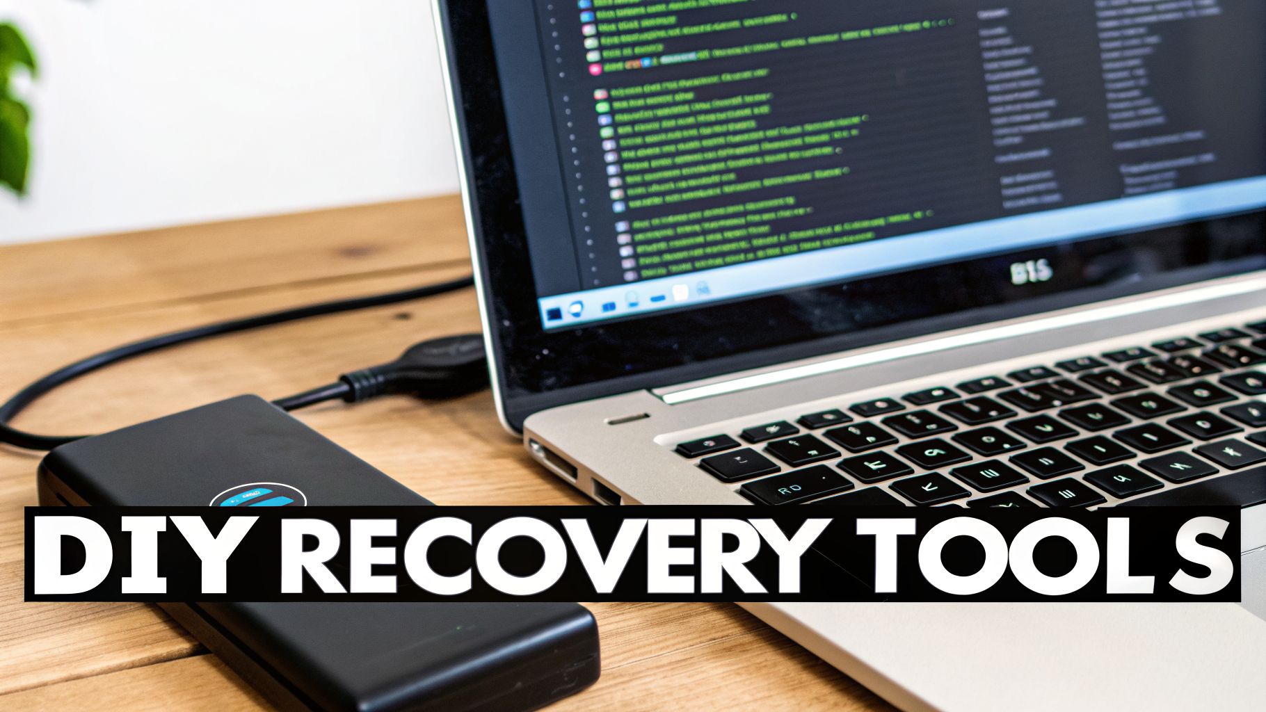 A laptop displaying code connected to a black external hard drive, featuring 'DIY RECOVERY TOOLS' text.