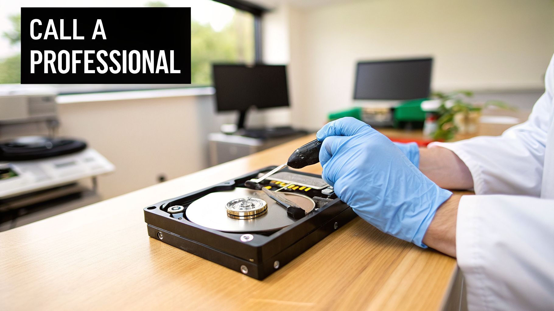 A professional in blue gloves uses a tool to work on an open hard drive on a wooden desk.