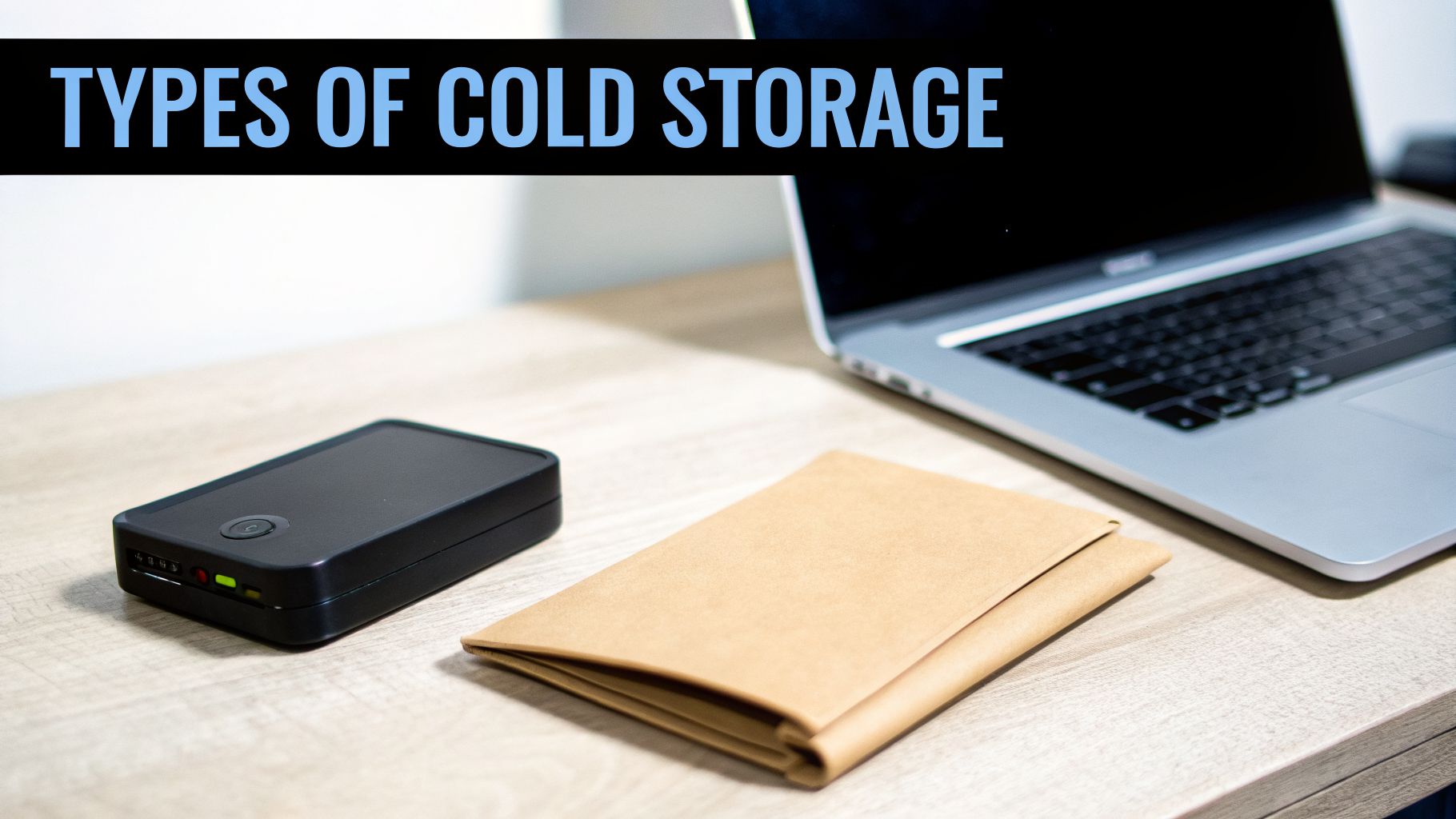 A black hardware wallet and a laptop on a wooden desk, with text 'TYPES OF COLD STORAGE' displayed.