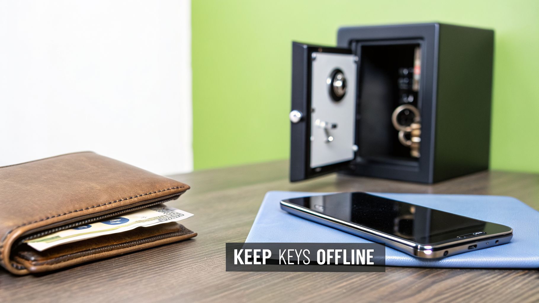 A wallet with cash, a smartphone, and an open safe with keys, promoting keeping keys offline.