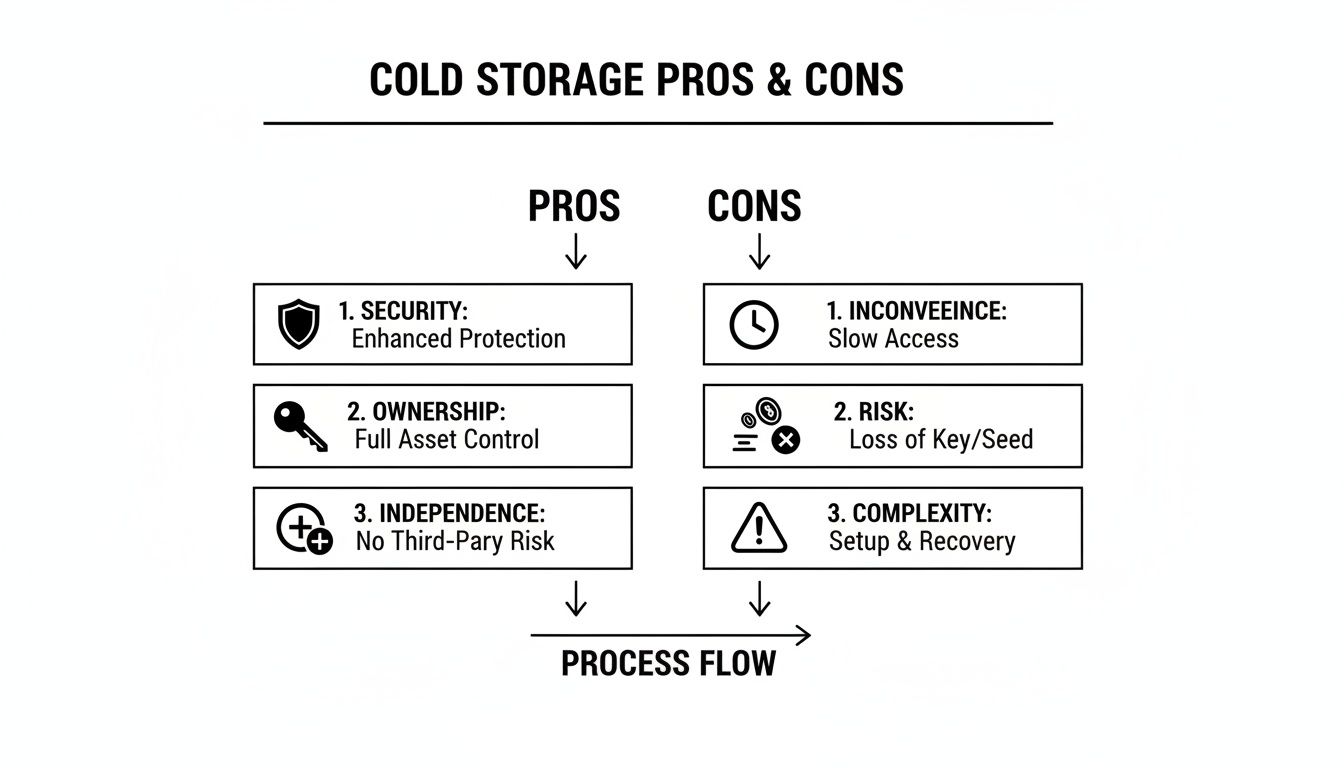Infographic outlining cold storage pros (security, ownership, independence) and cons (inconvenience, risk, complexity).