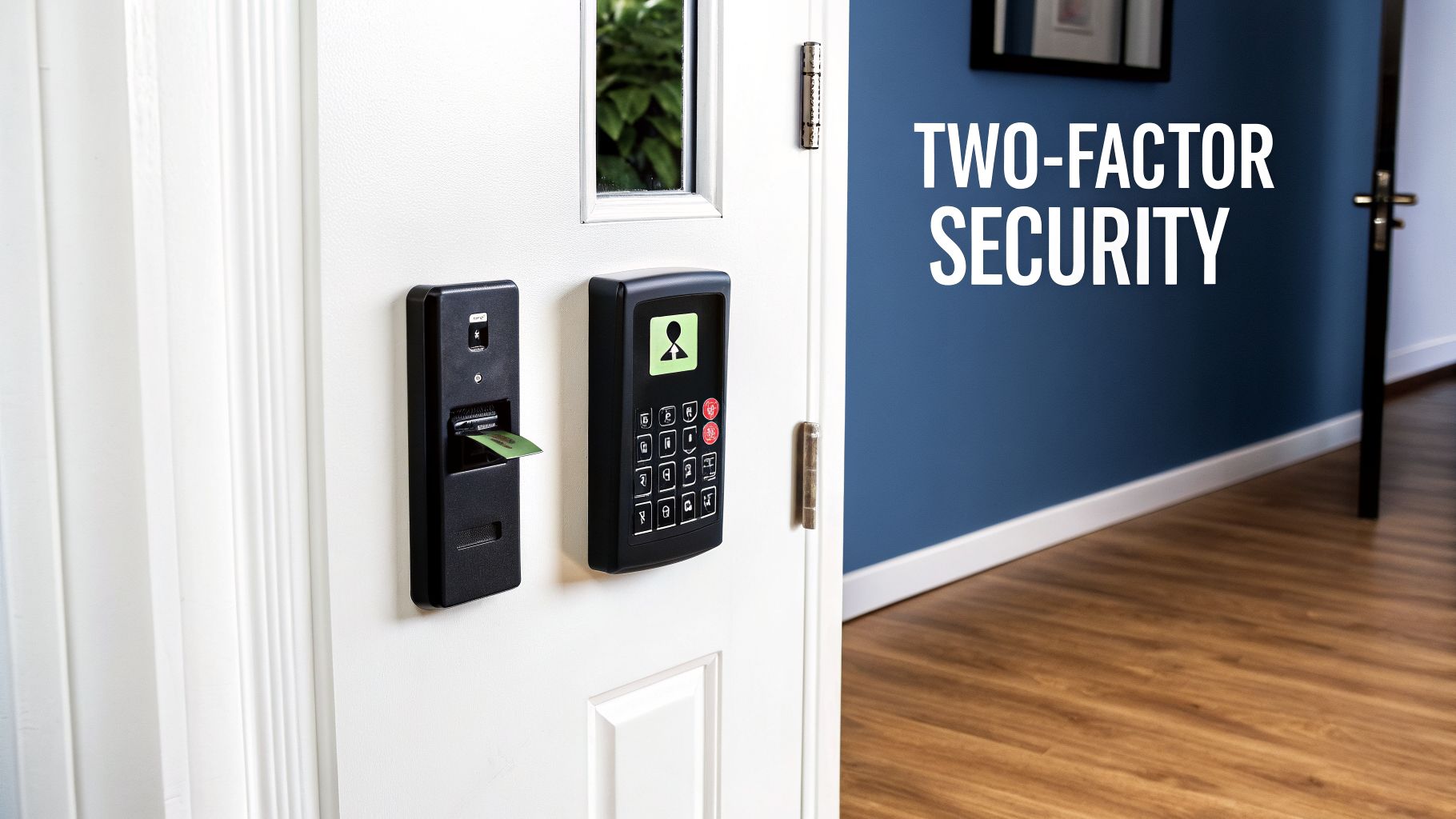 Two black access control devices on a white door, one accepting a green card. Text: TWO-FACTOR SECURITY.