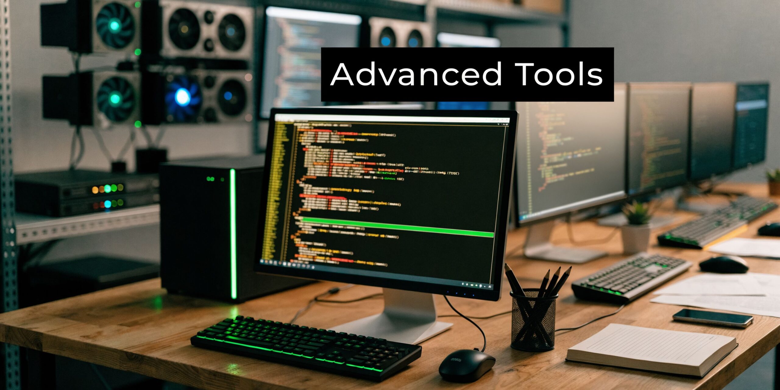 A professional developer workstation featuring multiple computer monitors displaying complex code and various hardware components.