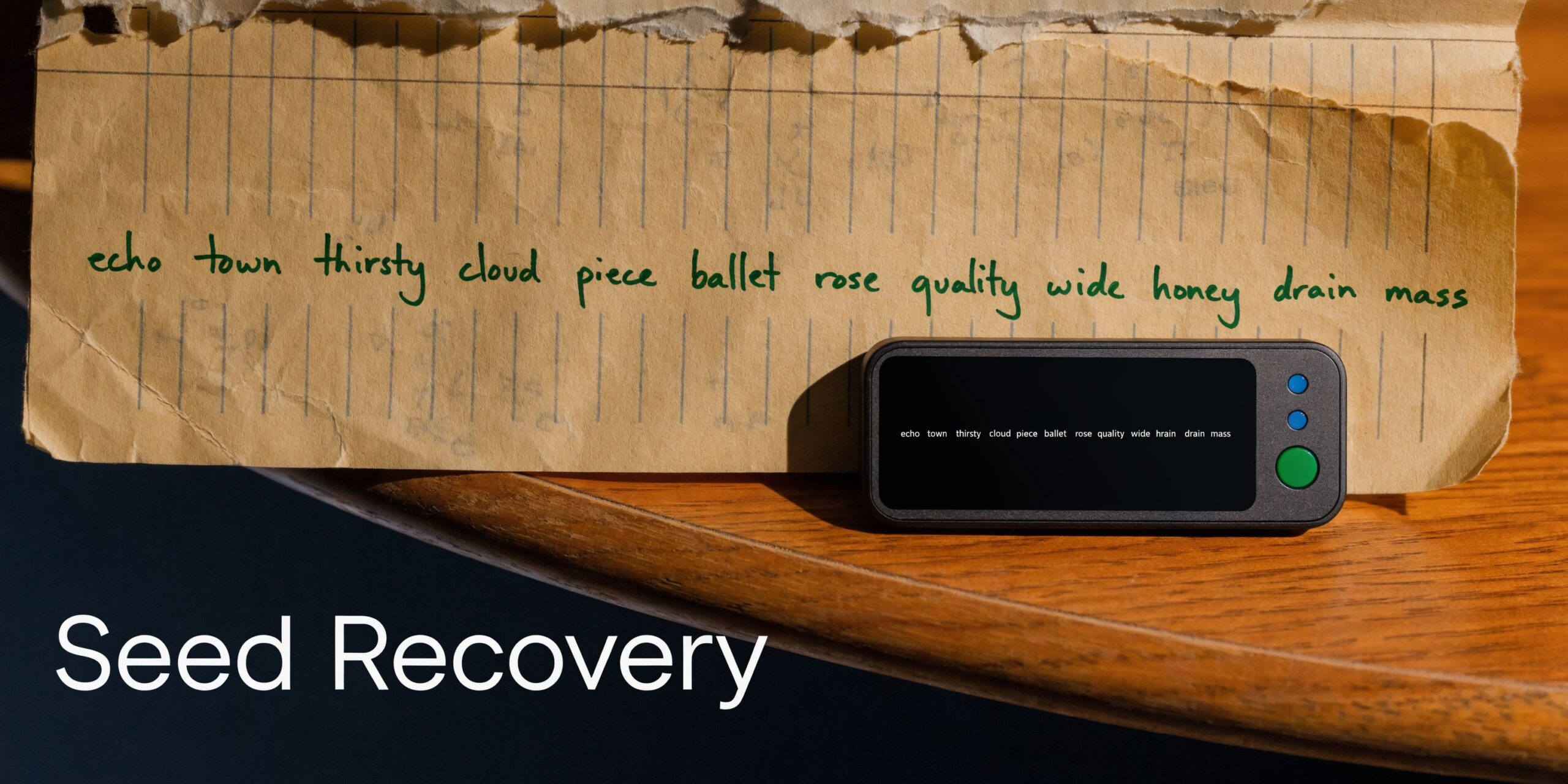 A hand-written cryptocurrency recovery seed phrase on aged paper with a digital hardware wallet device nearby.