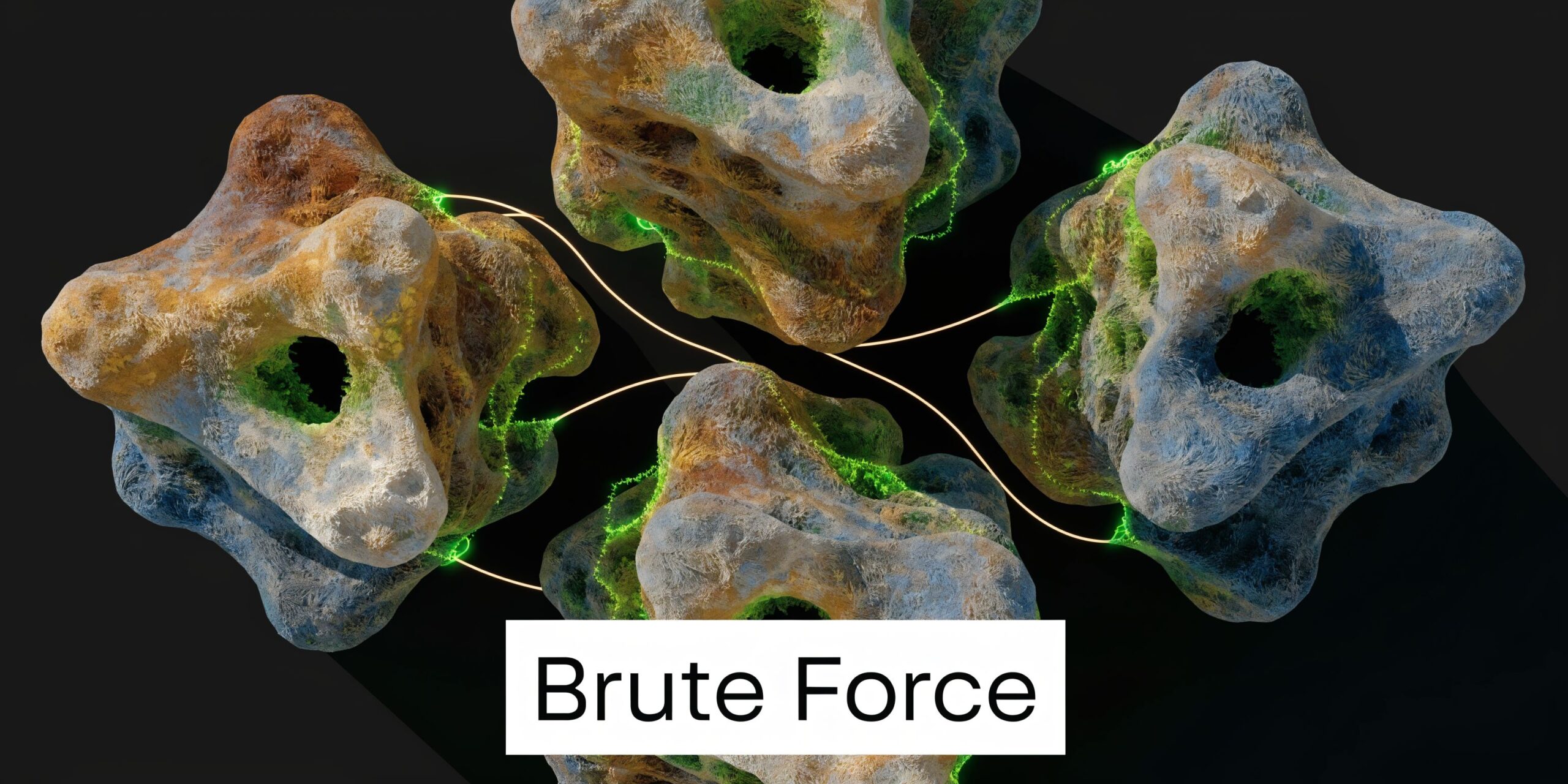 Four complex 3D textured organic shapes connected by glowing lines floating against a dark background.