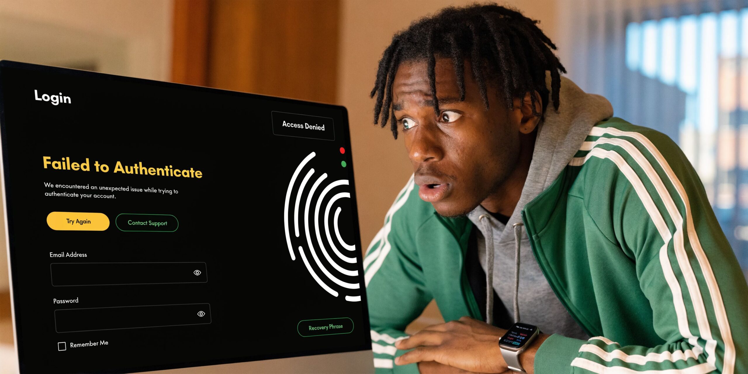 A young man looking shocked at a computer screen showing a failed login and authentication error message.
