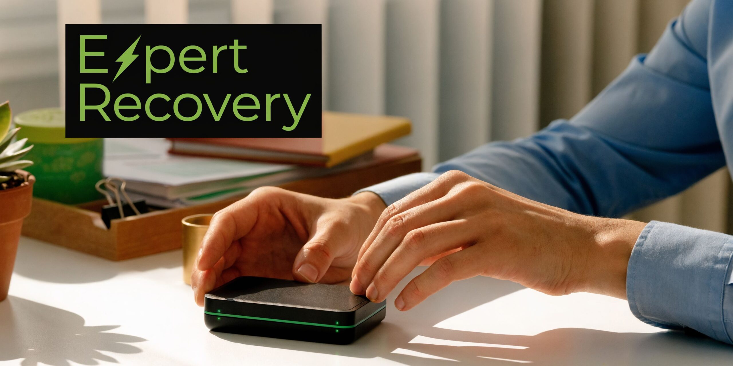 A person using a specialized electronic device for crypto wallet password recovery on a desk.