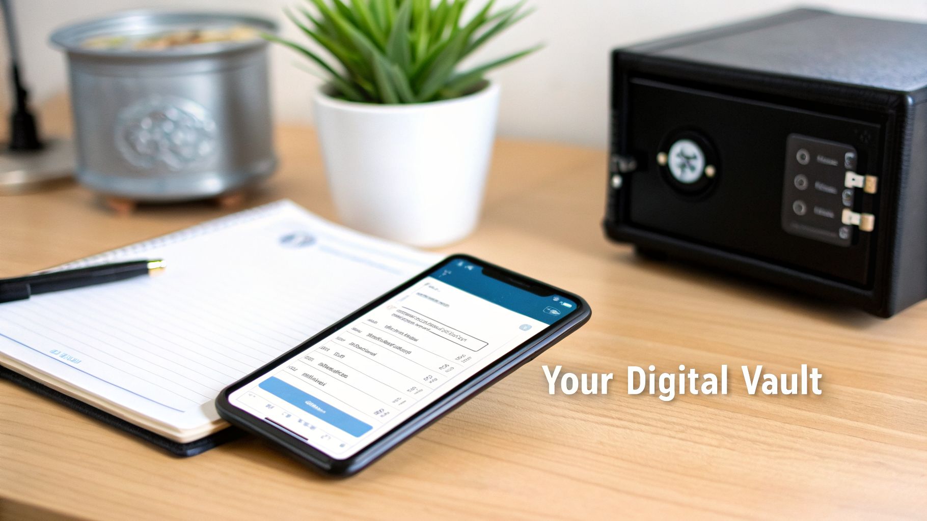 A smartphone on a wooden desk displaying a digital vault app, with a notebook, pen, plant, and safe.