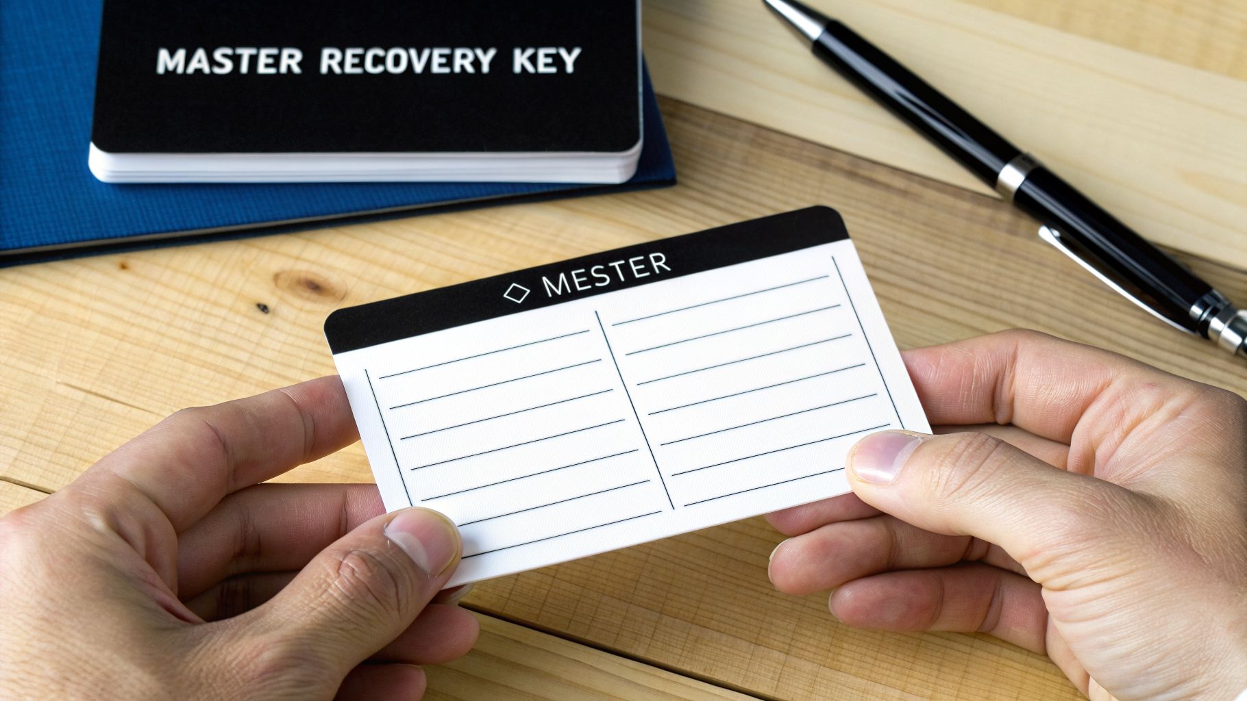 Hands holding a 'MESTER' notepad, with a 'MASTER RECOVERY KEY' book and pen on a wooden table.