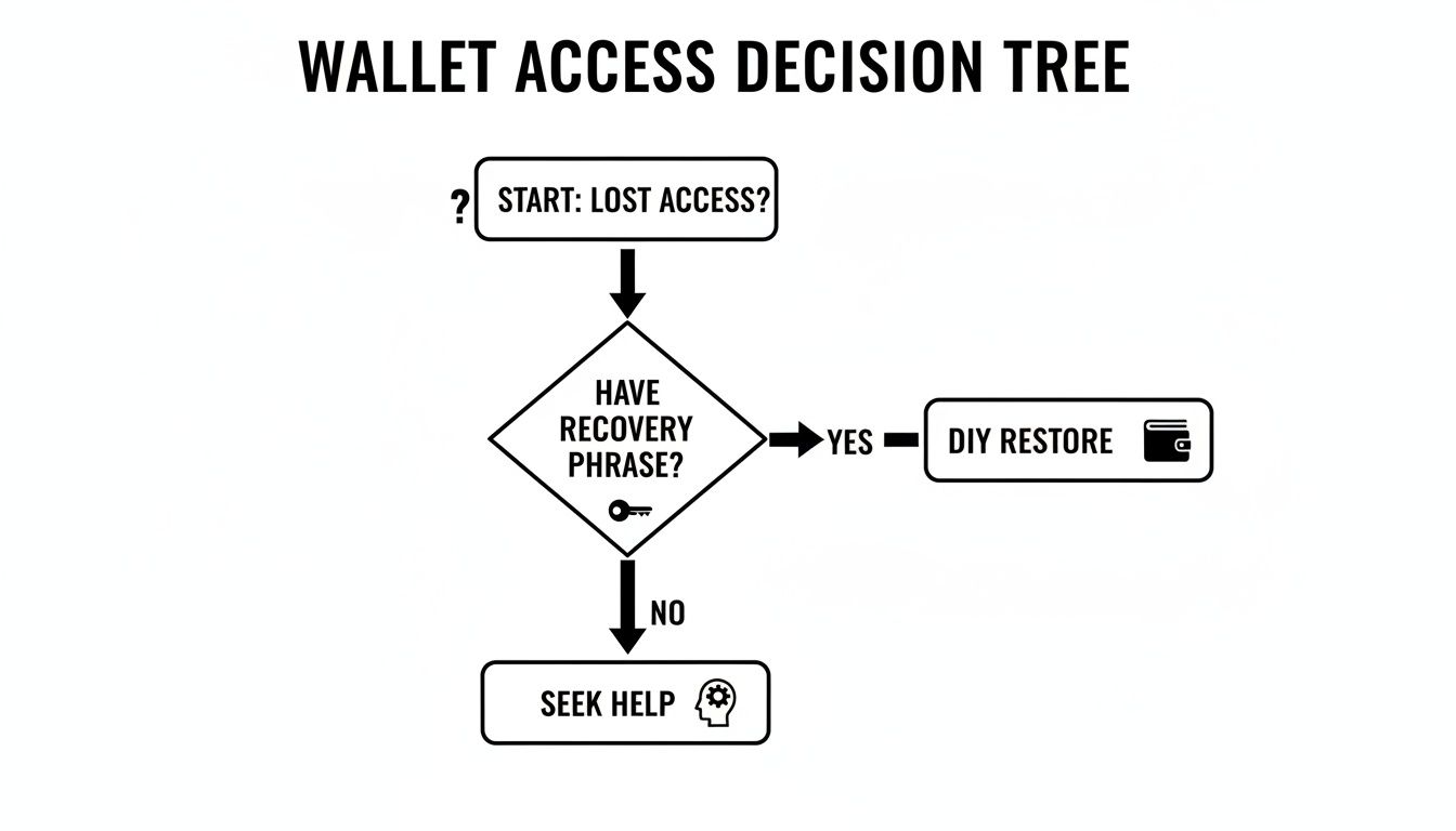 A flowchart detailing wallet access recovery: if you have a recovery phrase, perform a DIY restore; otherwise, seek help.