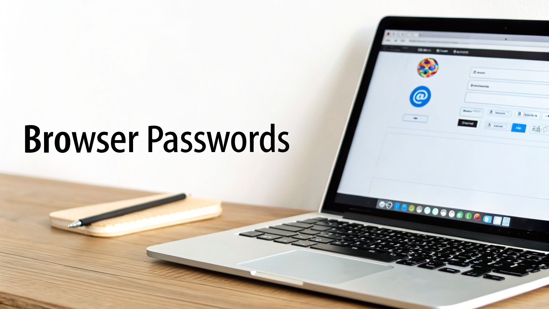 A laptop on a wooden desk displays a web browser with account settings and "Browser Passwords" text.