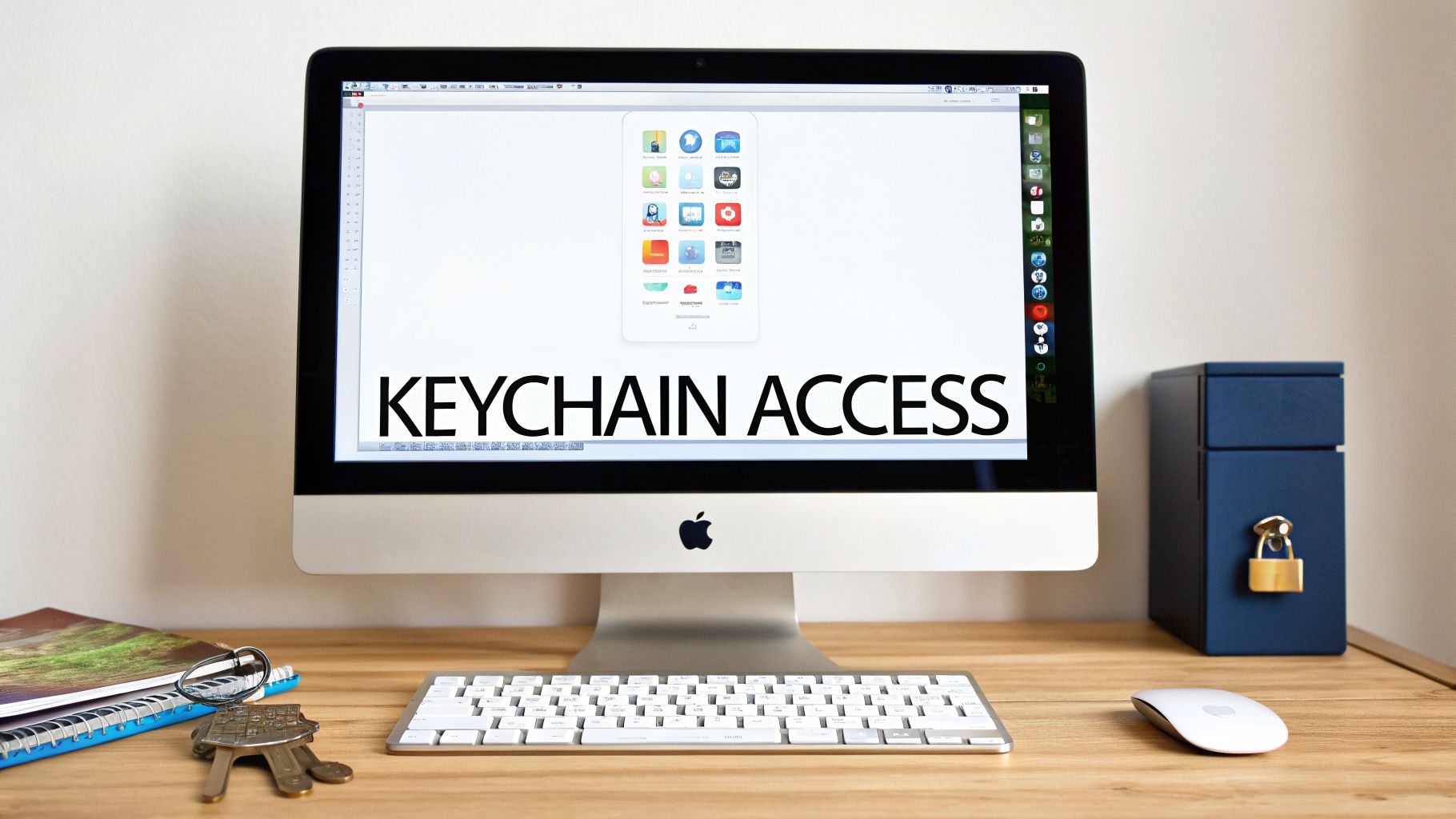 An iMac displays "KEYCHAIN ACCESS" on screen, surrounded by a keyboard, mouse, and keys.