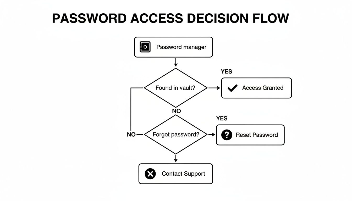 A flowchart showing the decision process for password access, using a password manager or resetting.