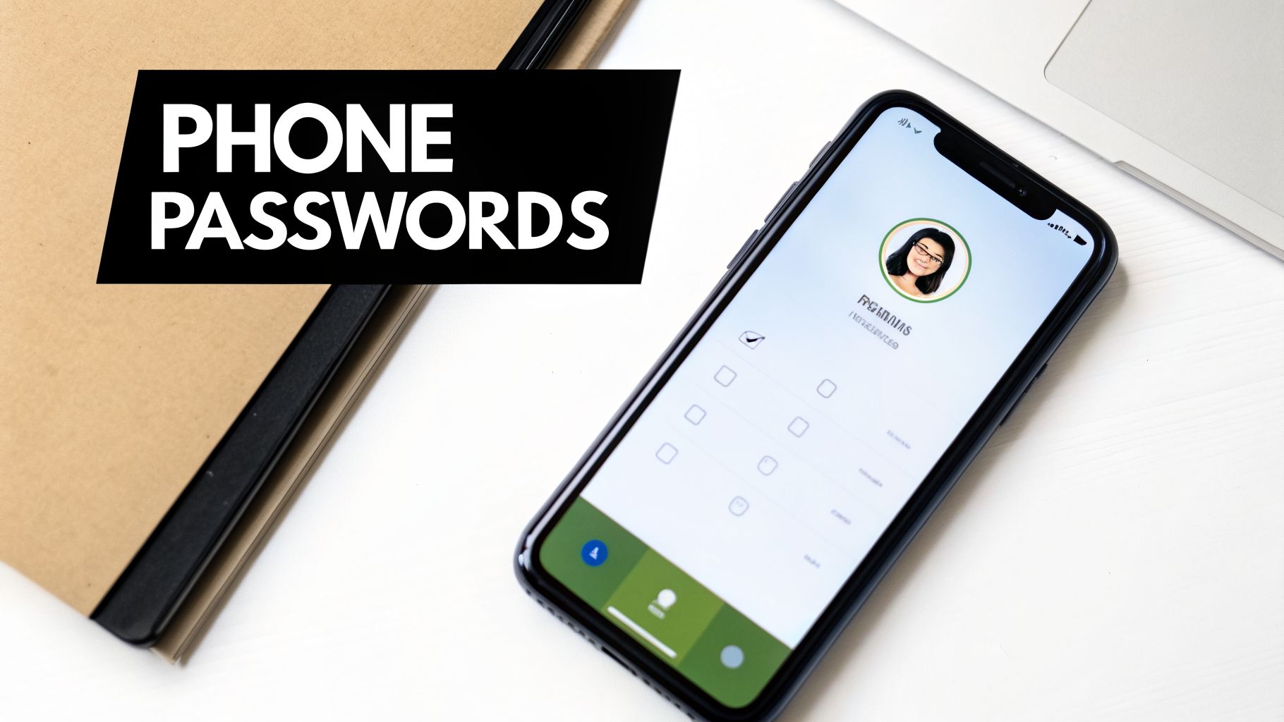 An iPhone displaying a user profile and input options, with a 'PHONE PASSWORDS' banner on the left.