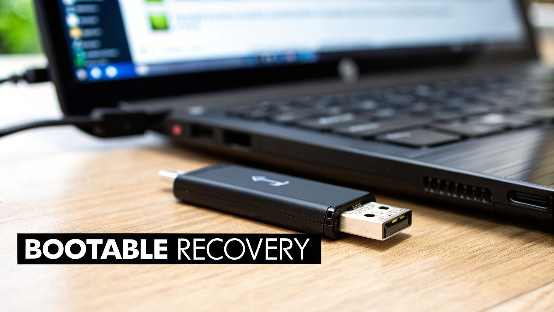 A black laptop with its screen visible, next to a black USB stick labeled 'BOOTABLE RECOVERY' on a wooden desk.
