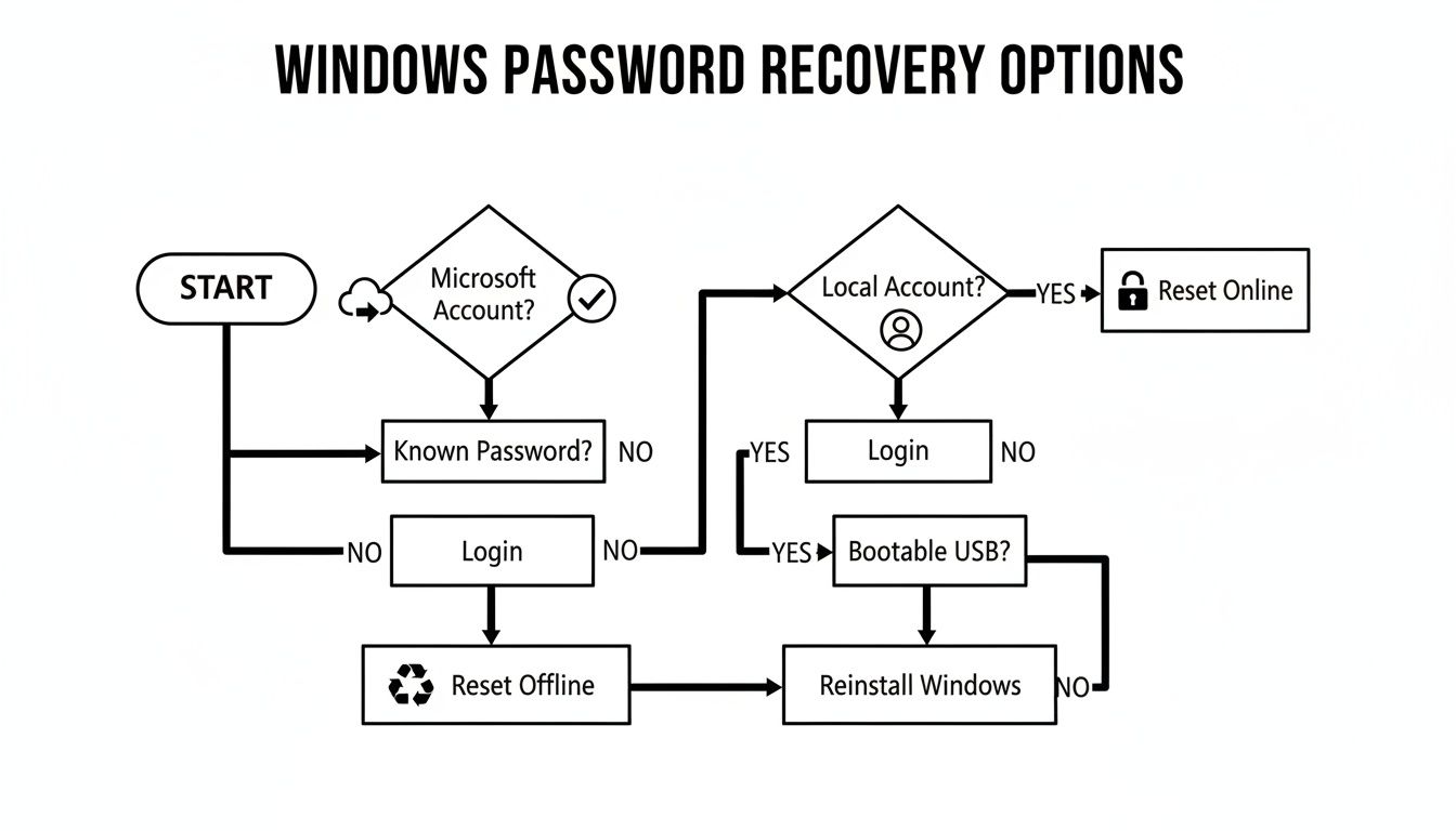 A flowchart illustrating Windows password recovery options for Microsoft and local accounts.