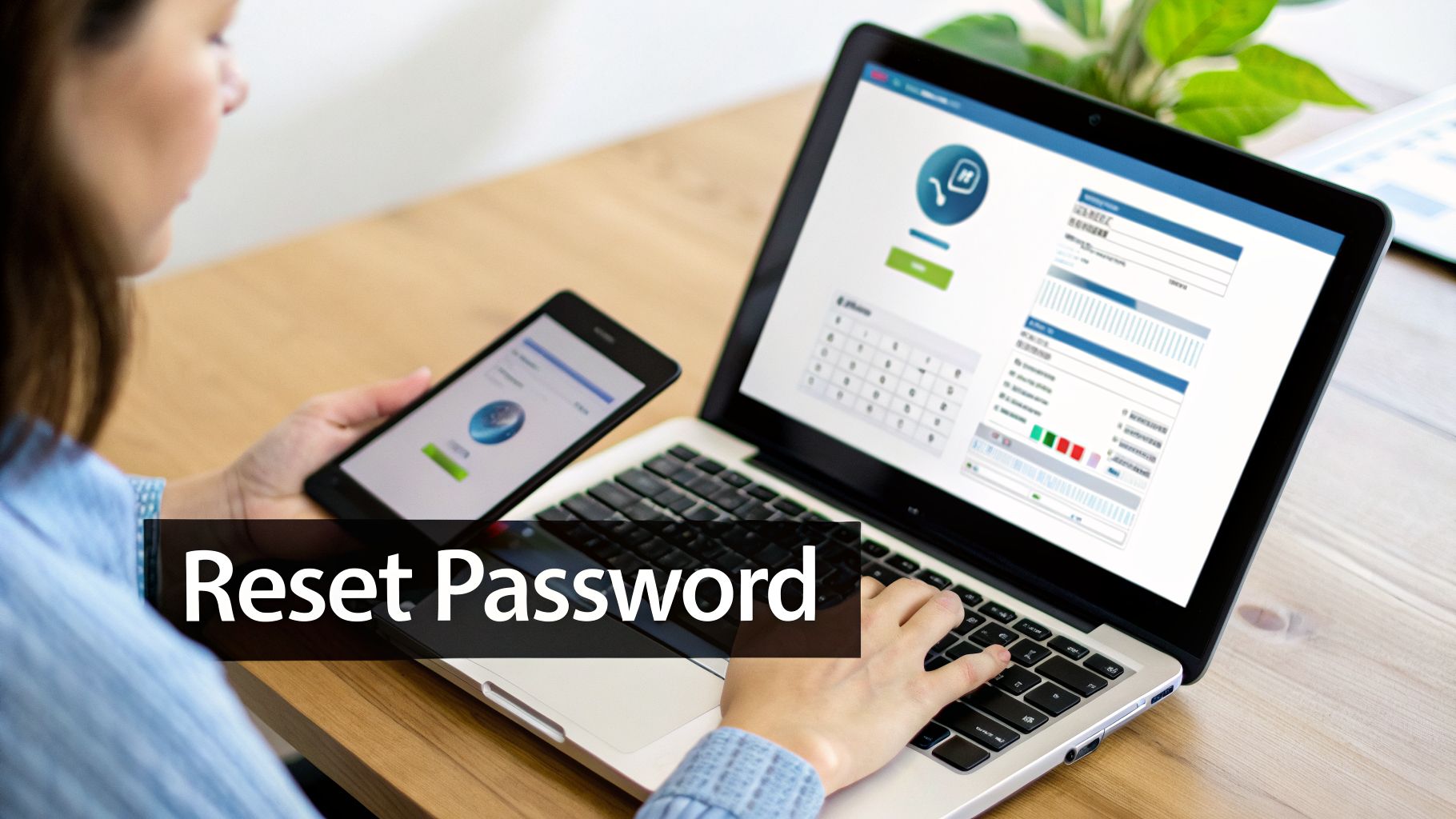 A woman uses a laptop and smartphone to reset a password, with 'Reset Password' text overlay.