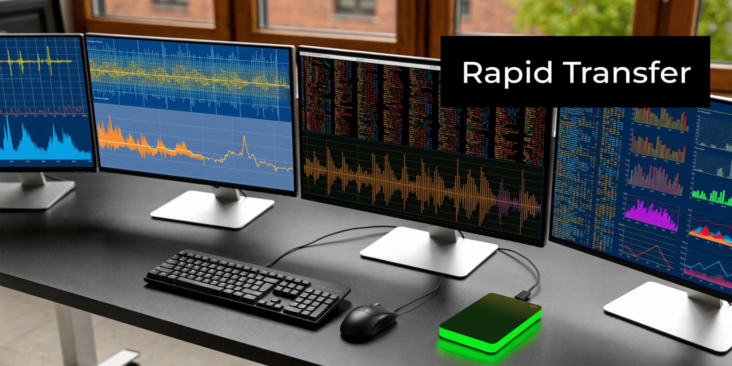 A modern computer workspace with multiple screens displaying data charts and an external hard drive with green lighting.