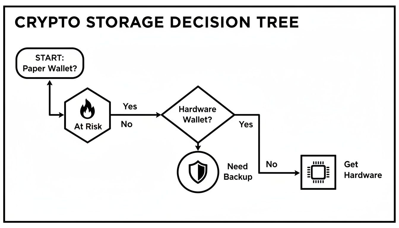 A flowchart illustrating decisions for secure crypto storage, covering paper wallets, hardware wallets, and backups.