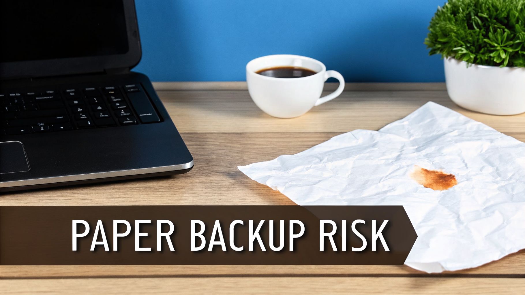 A crumpled piece of paper with a coffee stain next to a laptop, illustrating paper backup risk.