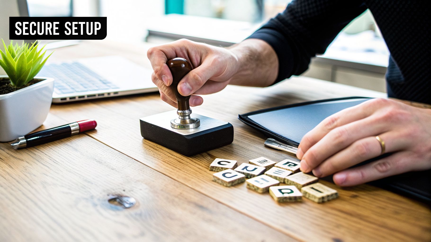 A person's hands operating a metal crypto wallet on a wooden desk, surrounded by crypto tiles, showing a secure setup.