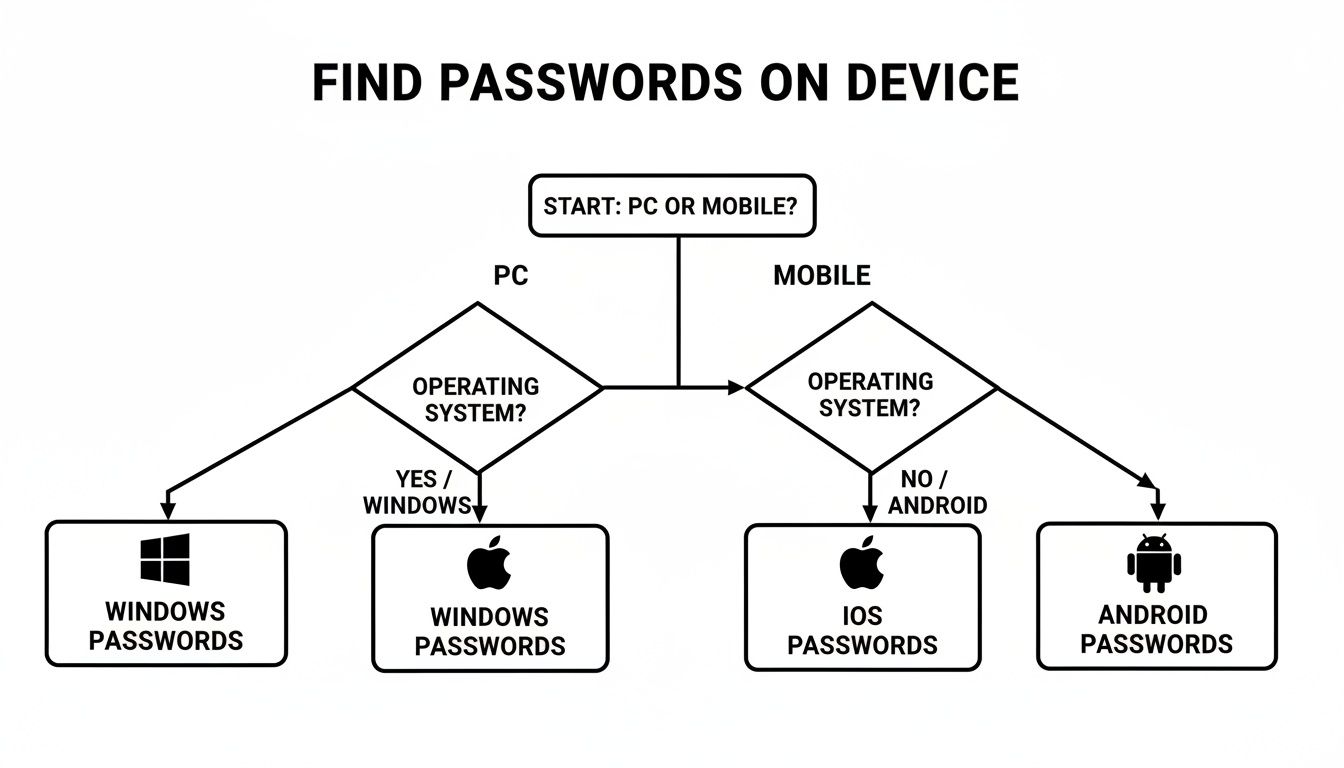 A flowchart guiding users to find passwords based on device type (PC/Mobile) and operating system.