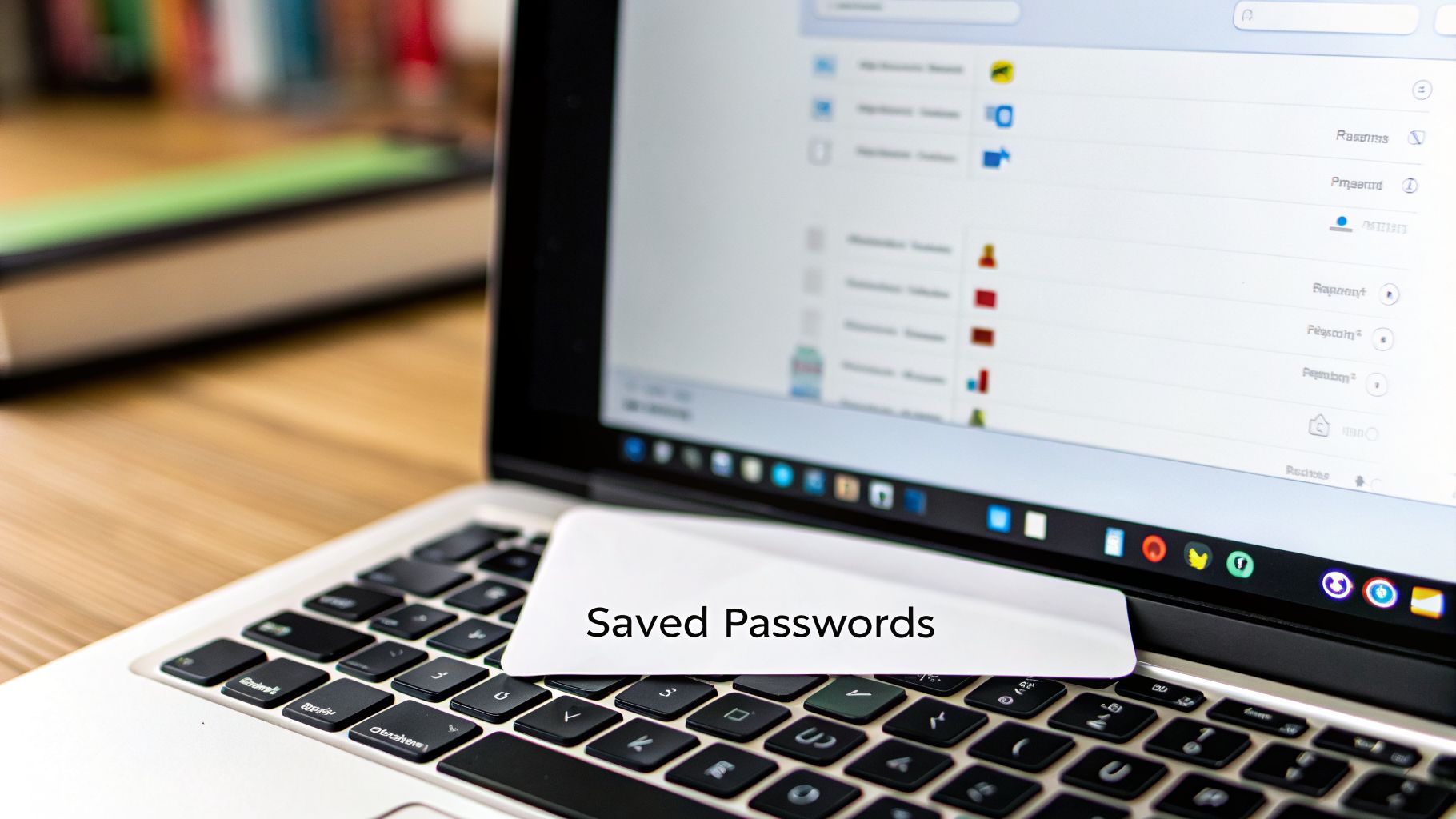 A white card with 'Saved Passwords' written on it rests on a laptop keyboard.