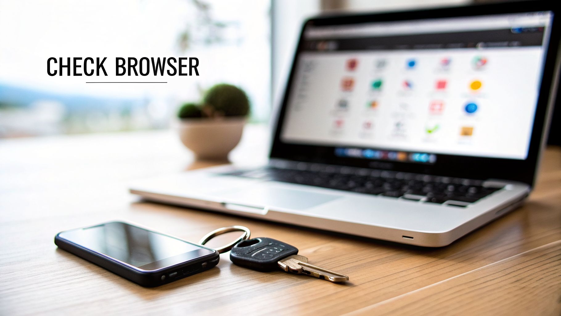 A silver laptop displaying app icons, a smartphone, and car keys on a wooden desk.